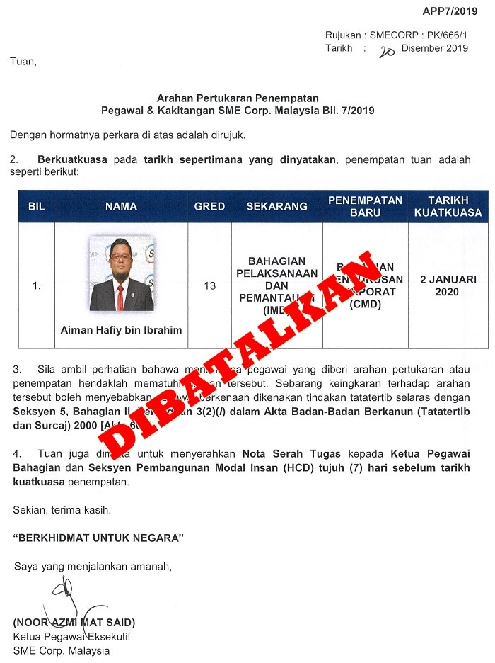 Sme Corporation Malaysia Pembatalan Arahan Pertukaran Penempatan Bil 7 Tahun 2019